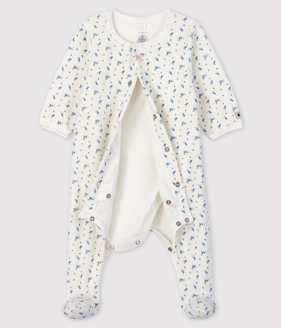 Body-pigiama con stampe a fiori bimba in velluto bianco MARSHMALLOW/bianco MULTICO