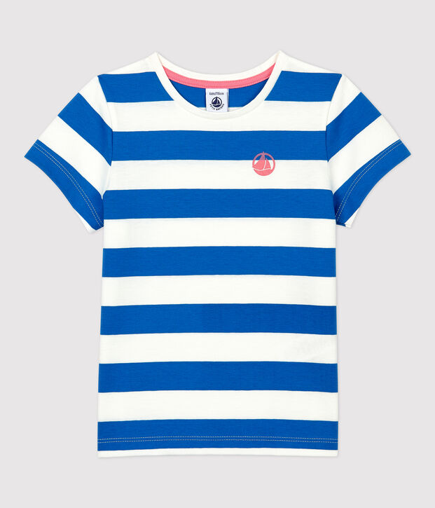 T-shirt bambina a maniche corte in cotone blu/bianco