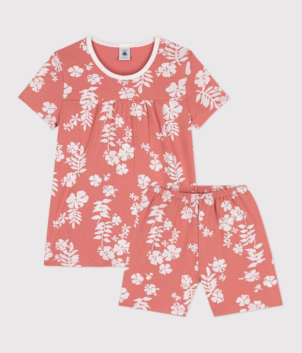 Pigiama corto fantasia hawaiana bambina in cotone rosa/multicolore