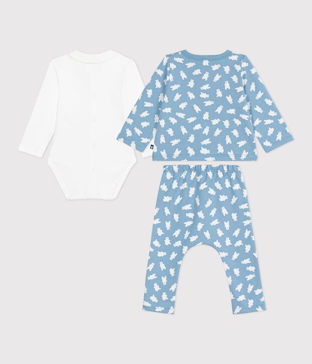 Set 3 pezzi con orso stampato e body con colletto ricamato neonato blu/multicolore