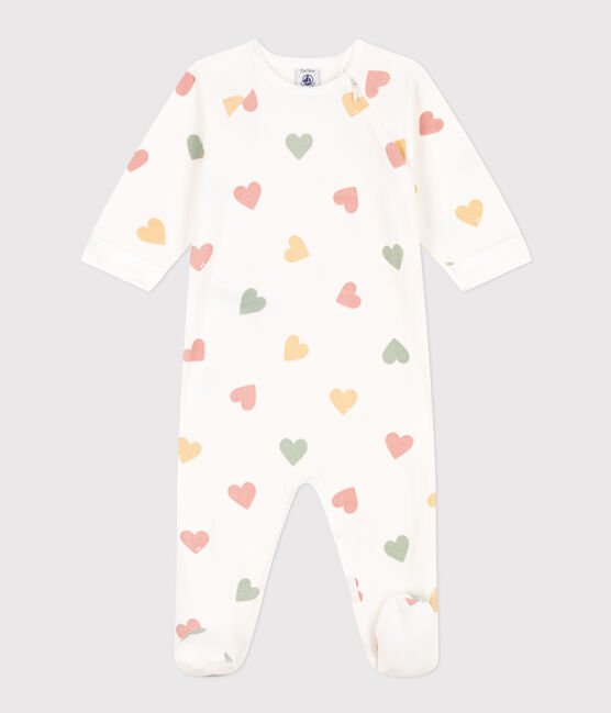 Pigiama bebè cuori multicolori in ciniglia bianco MARSHMALLOW/bianco MULTICO
