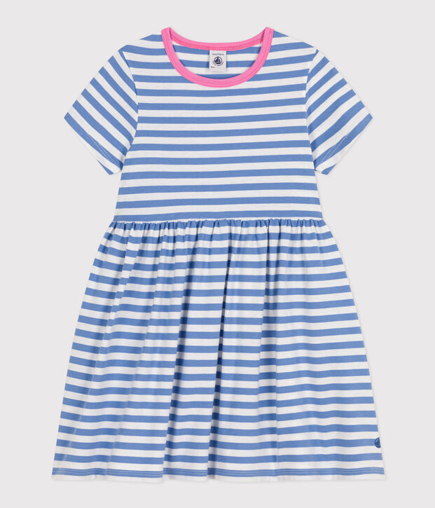 Abito a maniche corte in cotone a righe bambina blu/bianco