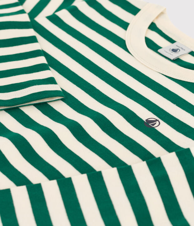 T-shirt bambino a maniche lunghe in cotone verde/ecru