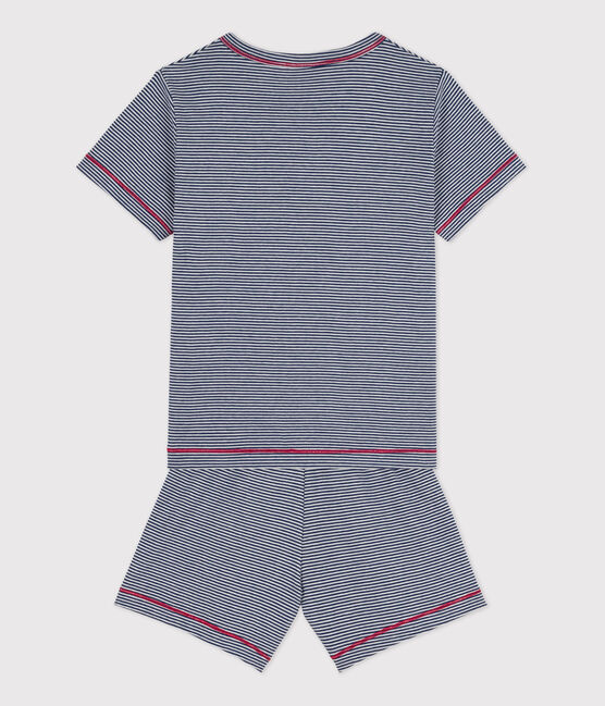 Pigiama corto millerighe in cotone per bambini blu MEDIEVAL/bianco MARSHMALLOW