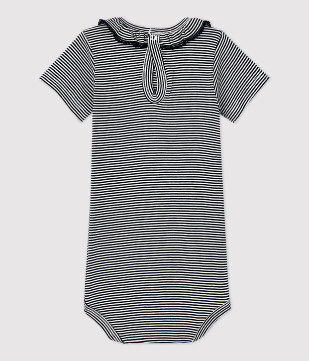 Body con collo millerighe in cotone biologico beb&egrave; blu/bianco