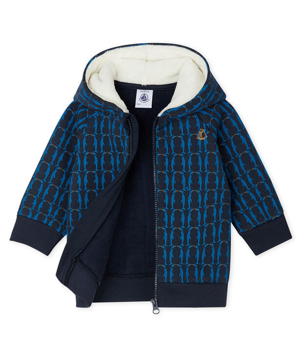 Felpa con cappuccio beb&egrave; maschio in molleton fantasia e doppiato in sherpa blu/multicolore