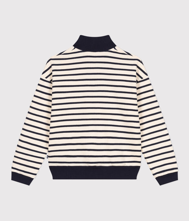 Maglia con mezza cerniera in tessuto felpato spazzolato donna ecru/blu