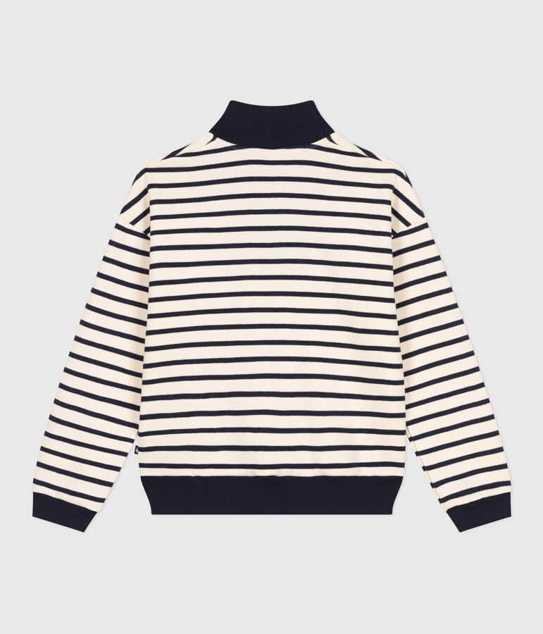 Maglia con mezza cerniera in tessuto felpato spazzolato donna ecru/blu