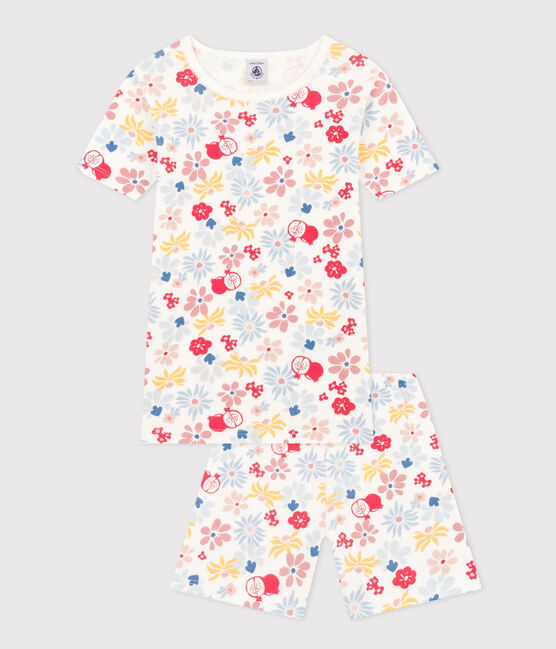 Pigiama bambino corto aderente in cotone con stampa a fiori bianco MARSHMALLOW/bianco MULTICO