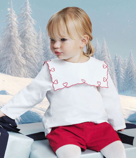 Blusa a maniche lunghe in popeline di cotone con ricamo a cuori neonata bianco ECUME