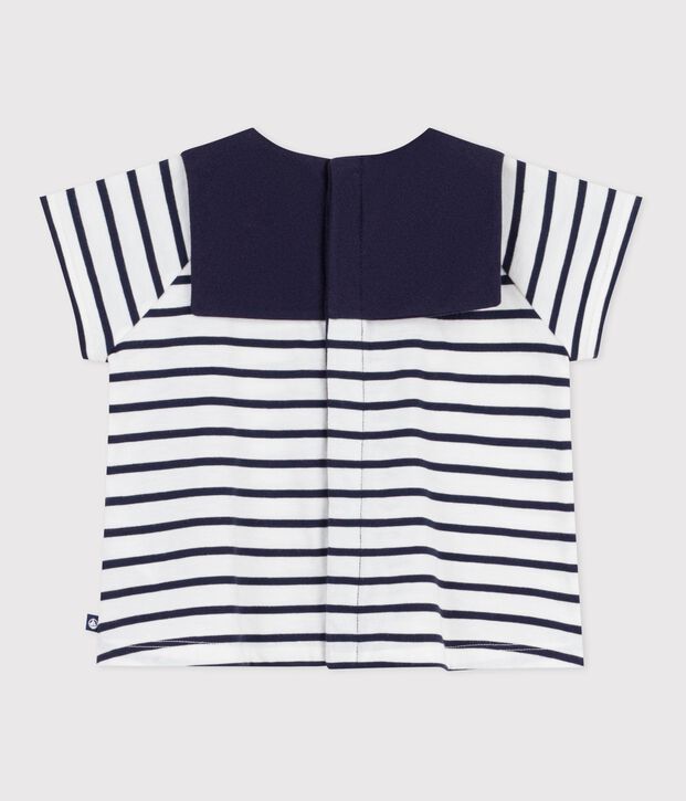 Blusa in cotone a righe marini&egrave;re con colletto ricamato neonata bianco/blu
