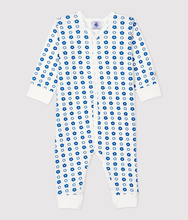 Tutina pigiama senza piedi a fiori beb&eacute; in cotone biologico bianco/blu