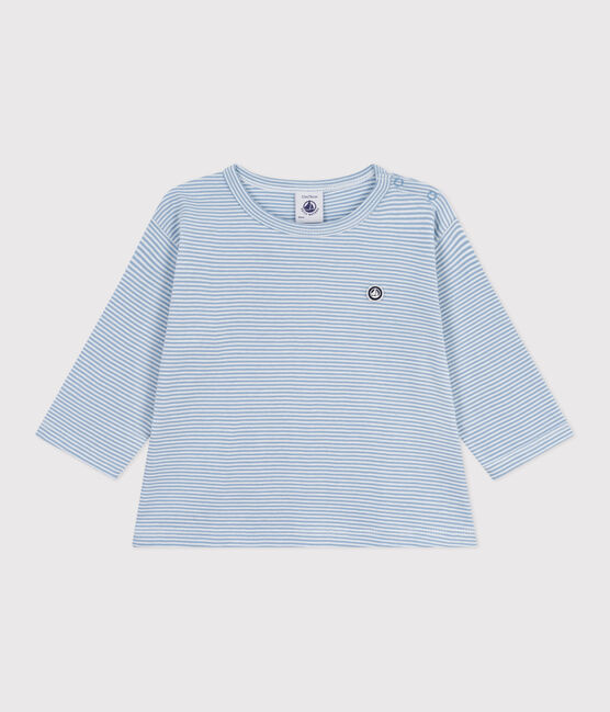 T-shirt a maniche lunghe in cotone a righe neonato ADRIATIC/ MARSHMALLOW