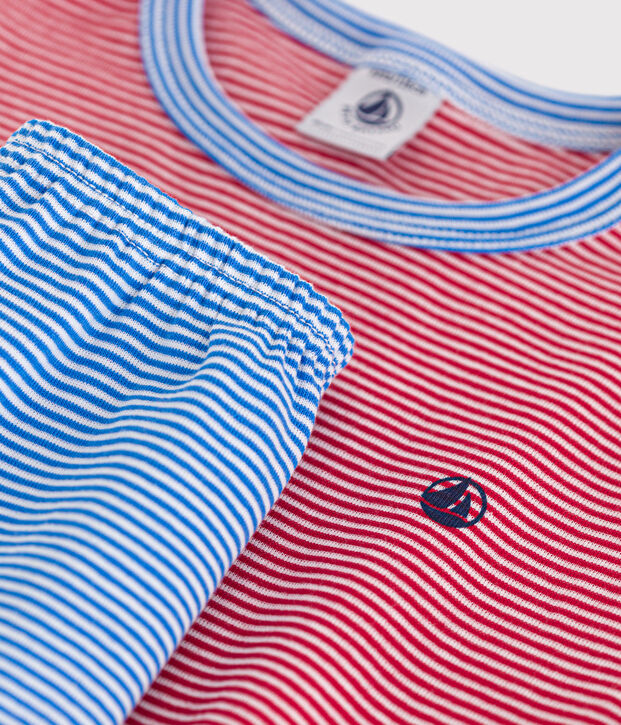 Pigiama short bambino in cotone rigato rosso/multicolore