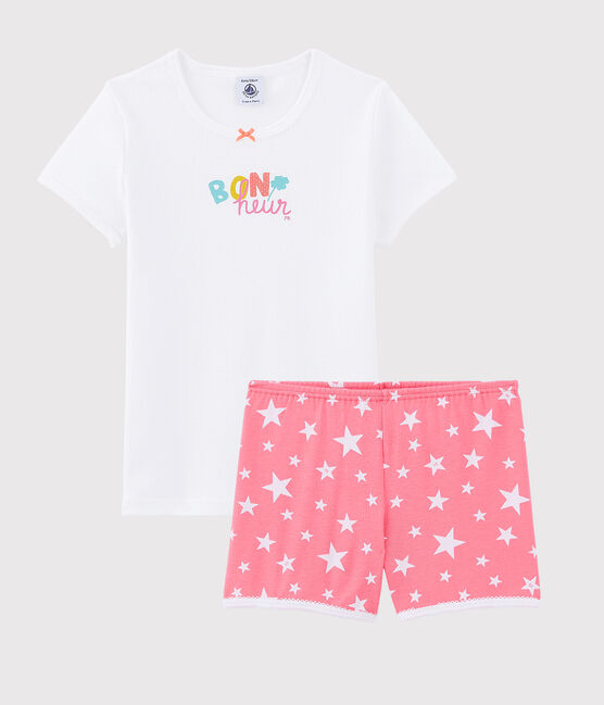Pigiama corto motivo "Bonheur" bambina in cotone bianco MARSHMALLOW/bianco MULTICO