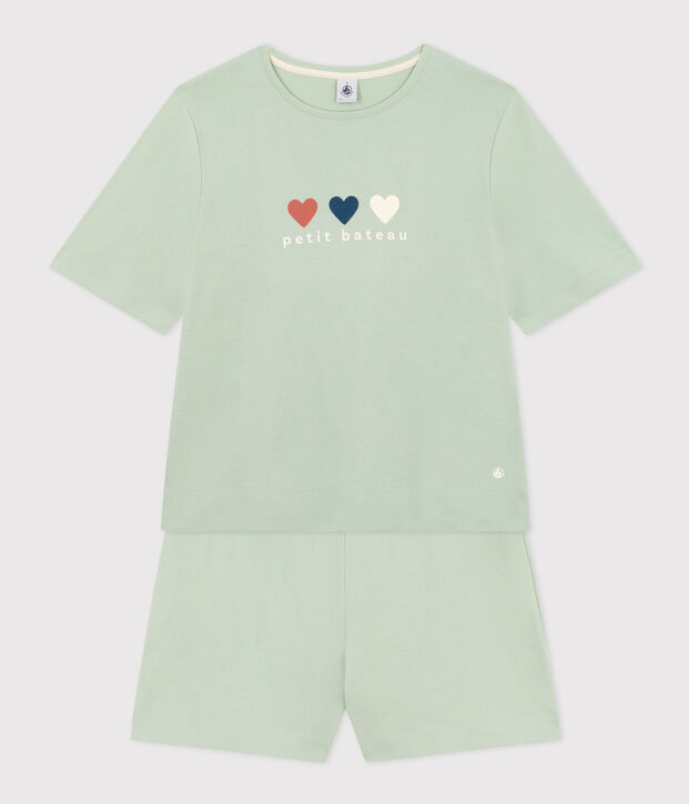 Pigiama short e t-shirt in cotone a tinta unita donna verde