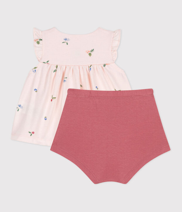 Completo nascita due pezzi in cotone con blusa a volant rosa/multicolore