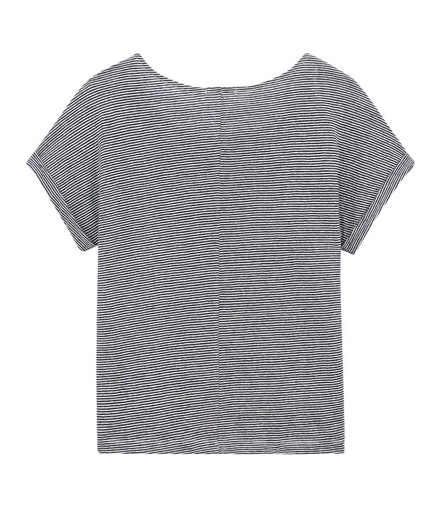 T-shirt donna in lino a millerighe blu/bianco