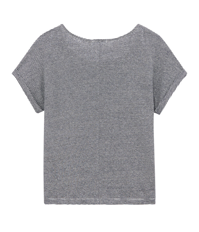 T-shirt donna in lino a millerighe blu/bianco