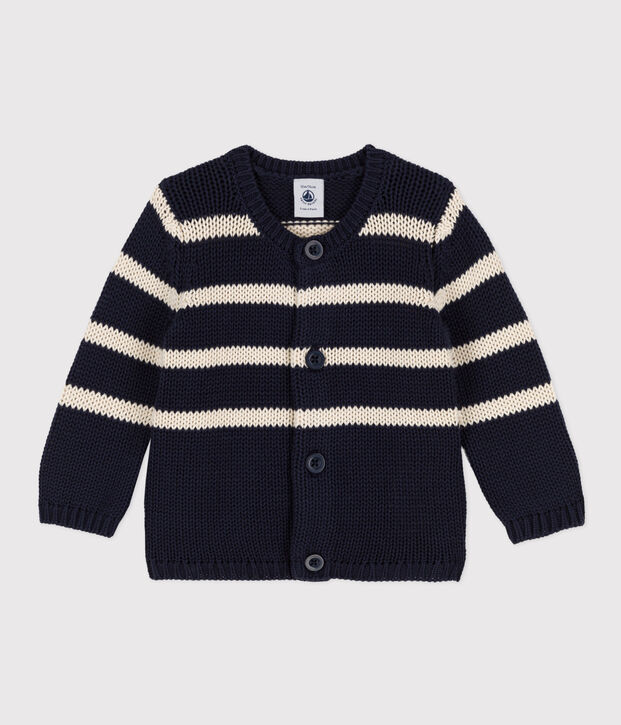 Cardigan beb&egrave; in maglia di cotone a righe blu/ecru