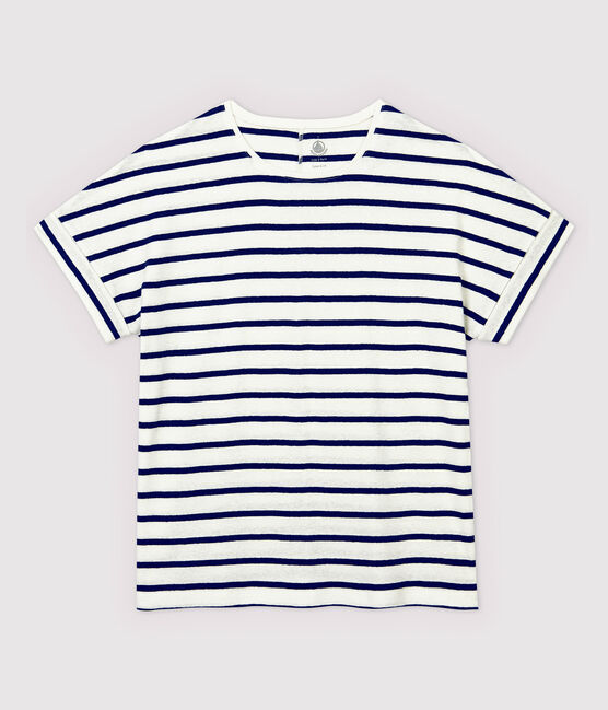 T-shirt in cotone/lino a righe Donna bianco MARSHMALLOW/blu MEDIEVAL