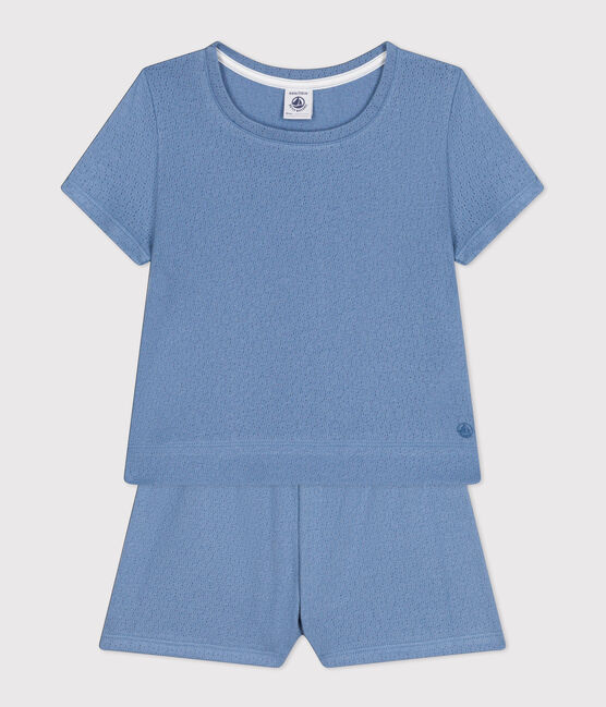 Pigiama corto bambina in cotone traforato tinta unita blu BEACH