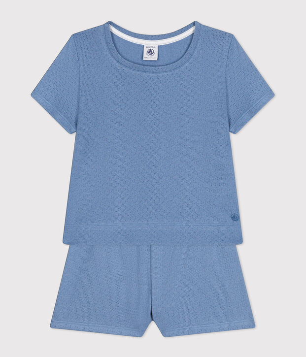 Pigiama corto bambina in cotone traforato tinta unita blu