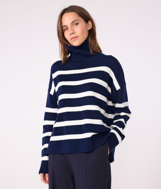 Maglione a collo alto in misto lana e cotone a righe donna blu SOIR/ MARSHMALLOW
