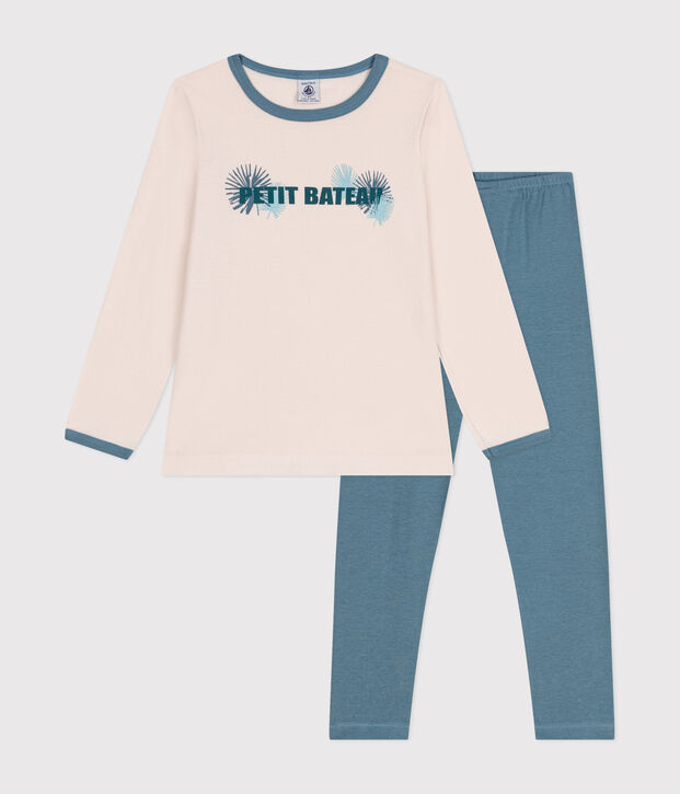 Pigiama bambina a maniche lunghe in cotone beige/blu