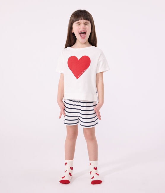 Pigiama corto in cotone con stampa a cuori bambino bianco MARSHMALLOW/blu SMOKING