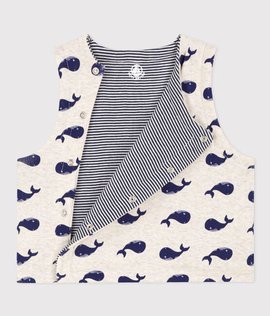 Gilet senza maniche bebè in cotone double face con motivo balene beige MONTELIMAR/blu MEDIEVAL