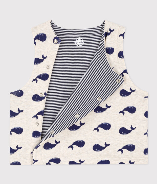 Gilet senza maniche beb&egrave; in cotone double face con motivo balene beige/blu