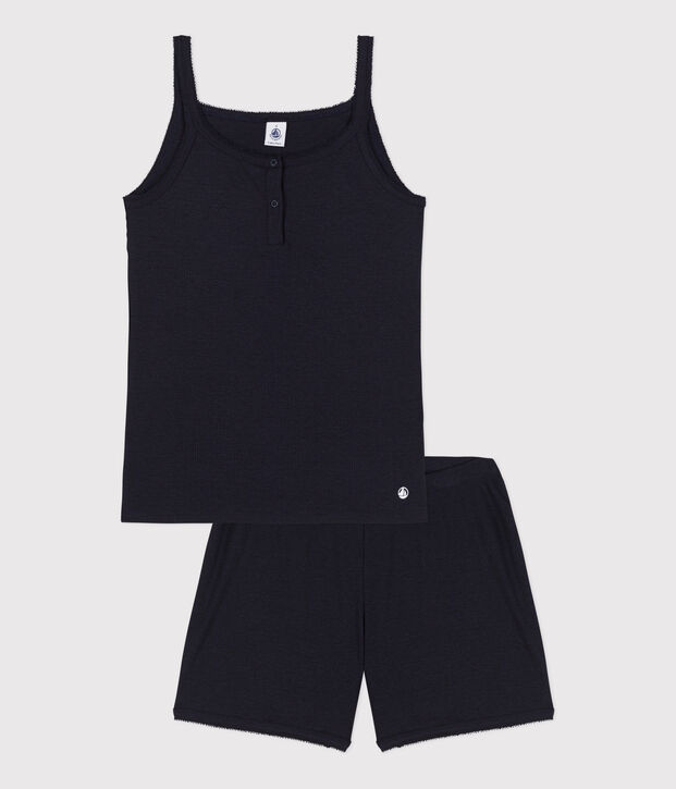 Pigiama donna corto in cotone e lyocell tinta unita con spalline blu