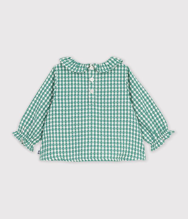 Blusa a maniche lunghe in cotone con stampa a cuori a quadretti vichy neonata verde/bianco