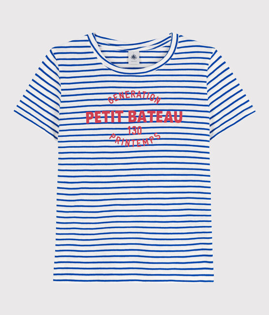 T-shirt LA REGULAR girocollo in cotone donna bianco MARSHMALLOW/blu PERSE
