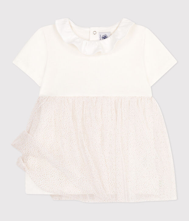 Abito a maniche corte con colletto in cotone e tulle neonato bianco/rosa