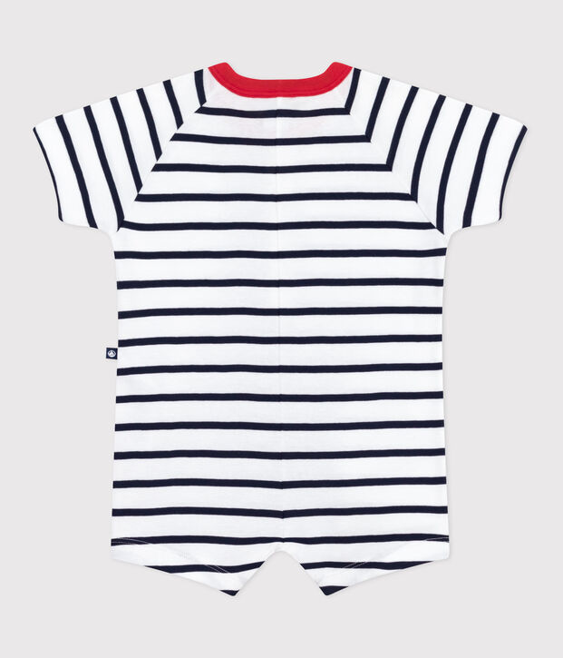 Tutina corta a maniche corte in cotone a righe con colletto a contrasto neonato bianco/blu