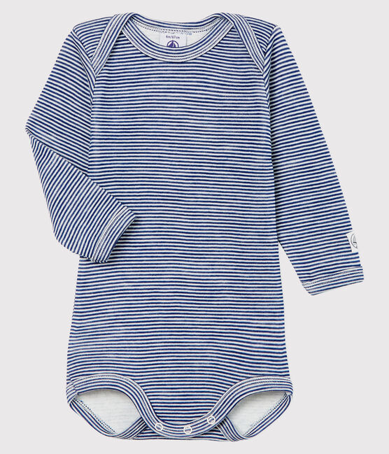 Body maniche lunghe a righe bebè in lana e cotone blu MEDIEVAL/bianco MARSHMALLOW