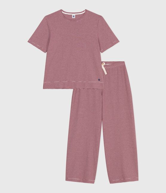 Pigiama donna a maniche corte con gamba ampia in cotone a righe rosso AMARANTE/ MARSHMALLOW