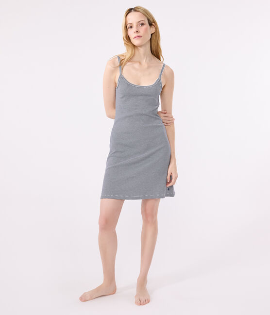 Camicia da notte corta in cotone rigato donna blu SMOKING/bianco MARSHMALLOW