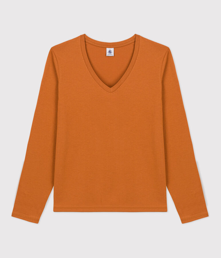 T-shirt La Regular scollo a V in cotone Donna marrone ECUREUIL