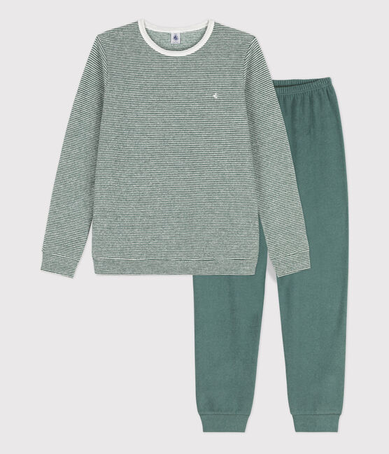 Pigiama millerighe bambina/bambino in cotone verde VALLEE/bianco MARSHMALLOW