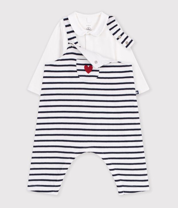 Set salopette e body in cotone a righe con colletto neonato bianco/blu