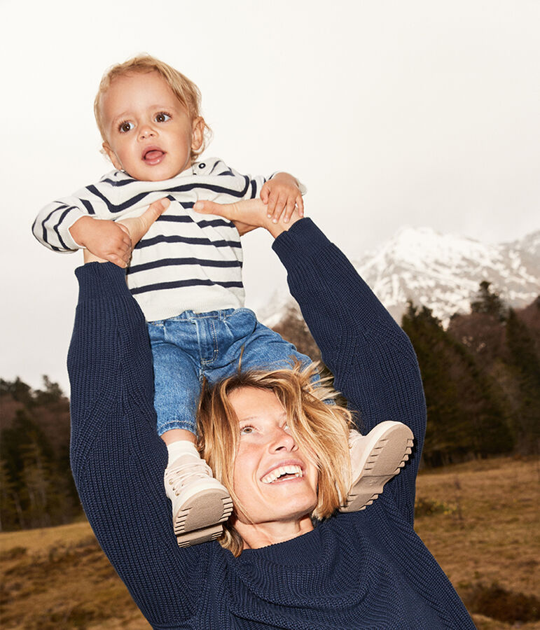 Maglione a righe marini&egrave;re, in lana e cotone per neonati bianco/blu