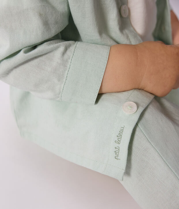 Camicia a maniche lunghe in misto cotone/lino tinta unita neonato verde