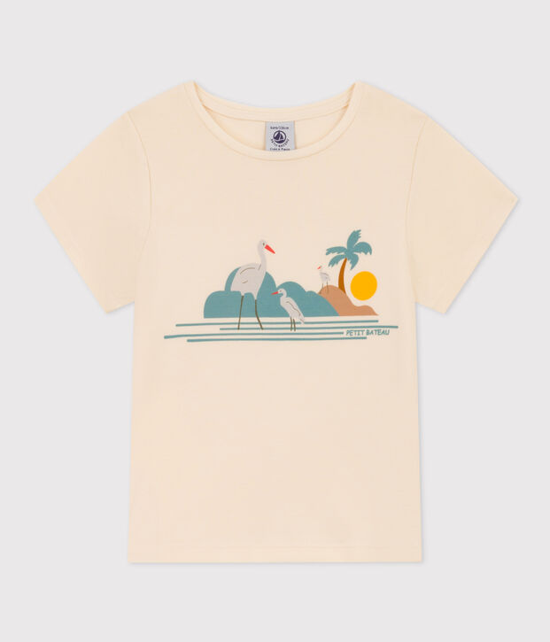 T-shirt bambina in cotone stampato ecru/multicolore