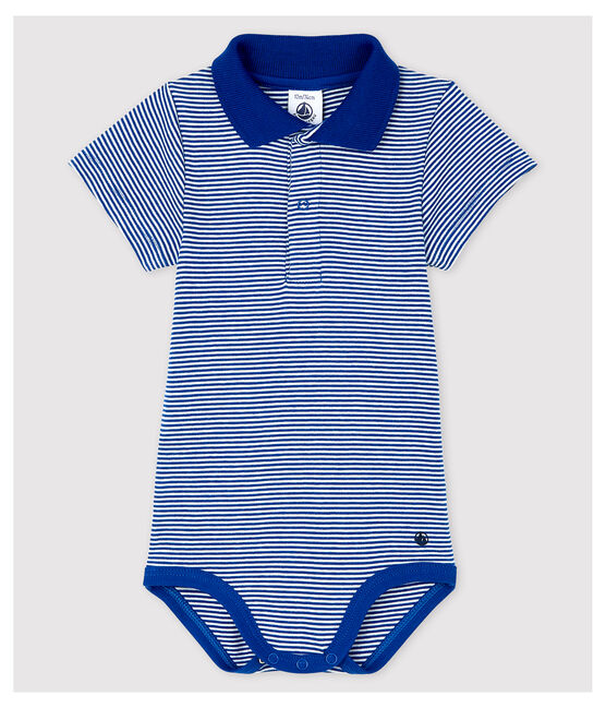 Body collo ricamato in cotone bebè maschio blu SURF/bianco MARSHMALLOW