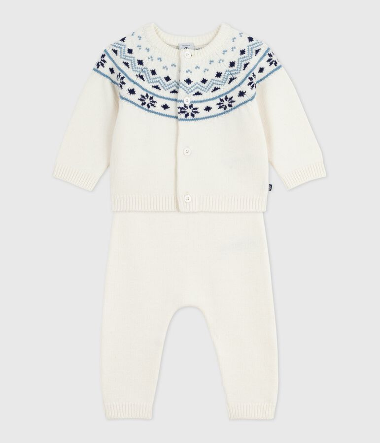 Completo 2 pezzi con cardigan in maglia jacquard neonato bianco/blu