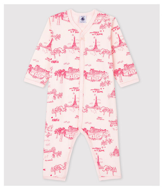Tutina pigiama senza piedi tela di Jouy rosa bebè in cotone rosa FLEUR/rosa GROSEILLER