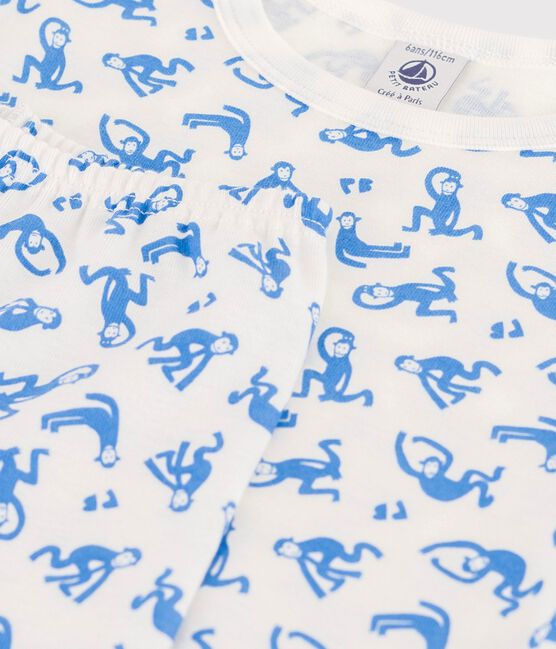 Pigiama manica corta scimmiette bambino in cotone bianco MARSHMALLOW/blu BRASIER